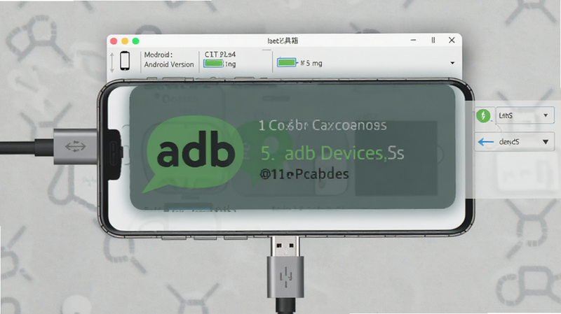 adb工具箱设备连接界面,手机通过USB线连接电脑,软件界面显示已识别的设备信息,包括型号、Android版本、电量图标,背景为浅灰质感,突出连接成功状态