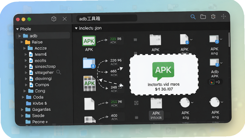 adb工具箱文件管理界面,左侧手机目录树,右侧文件列表,展示APK文件拖拽安装动画示意图,背景采用柔和圆角卡片设计,色彩清新