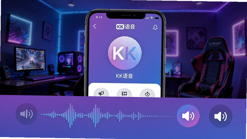 画面以KK语音APP界面为核心,背景为霓虹灯效的游戏房间氛围,前景显示语音波形与变声器图标,整体色调蓝紫渐变,充满科技感与社交活力,适配Boogu模型生成。