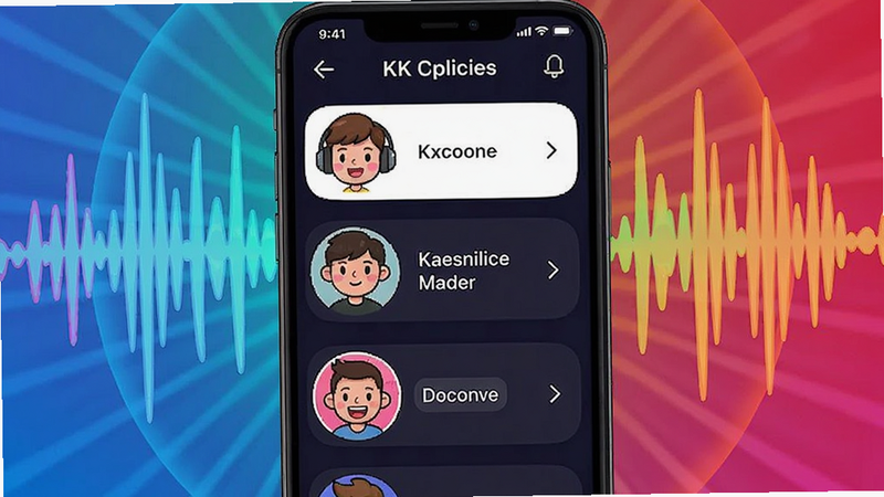 KK语音变声器功能预览:手机界面显示变声选项列表,背景为彩色声波扩散,卡通风格的人物头像对应不同声线,整体活泼有趣,色彩鲜明。