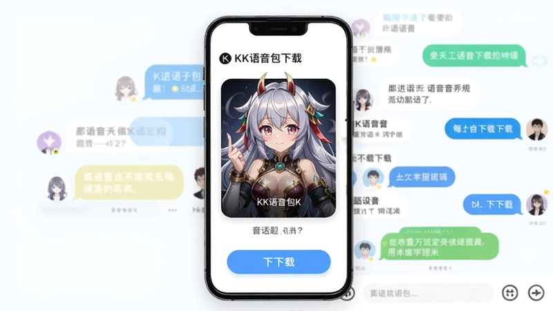 KK语音包下载页面:展示多个语音包卡片,封面为游戏角色或动漫形象,手机屏幕下方有下载按钮,背景为动态聊天界面气泡,整体设计简洁清新。