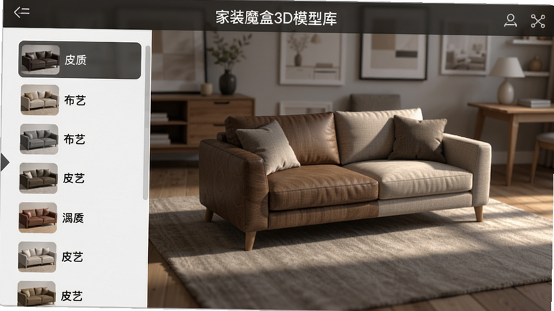 家装魔盒3D模型库界面 屏幕展示沙发模型更换材质效果,左侧列表有皮质、布艺等选项,右侧实时显示不同材质光影变化,背景有家具贴图