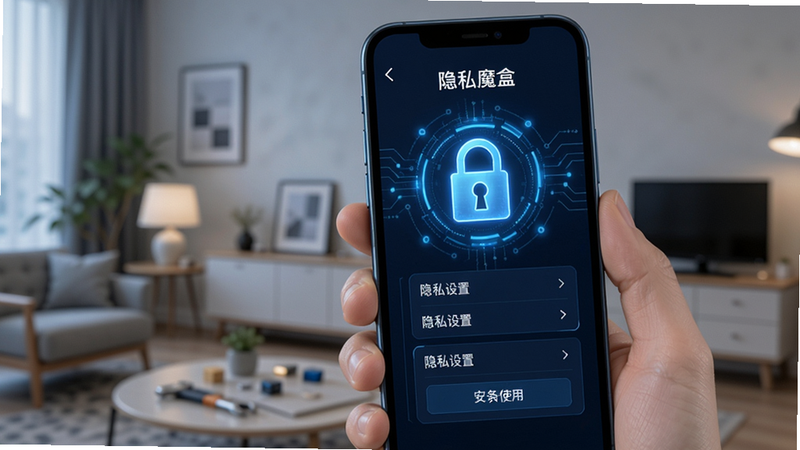 家装魔盒安全使用提示 手机界面显示隐私设置选项,背景有锁形图标,整体色调为蓝色科技感