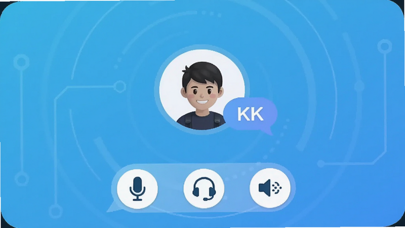 KK语音主界面预览图,画面中央显示一个圆形头像和聊天气泡,背景为渐变色科技蓝,底部有麦克风、耳机和变声器图标,风格简约时尚,适配Boogu模型生成。