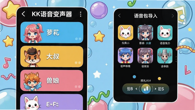 KK语音变声器功能预览图,画面左侧为变声效果列表(萝莉、大叔、兽娘等),右侧为语音包导入界面,背景为卡通泡泡风格,色彩明亮活泼。