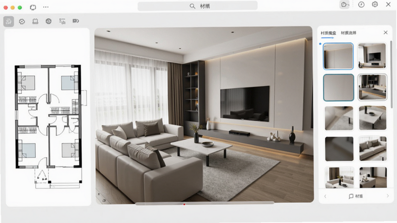 家装魔盒核心功能预览图,画面中央是一个现代简约客厅的3D效果图,沙发、茶几、电视墙清晰可见,左侧显示户型平面图,右侧有材质选择面板,背景为淡灰色软件界面,整体明亮简洁。