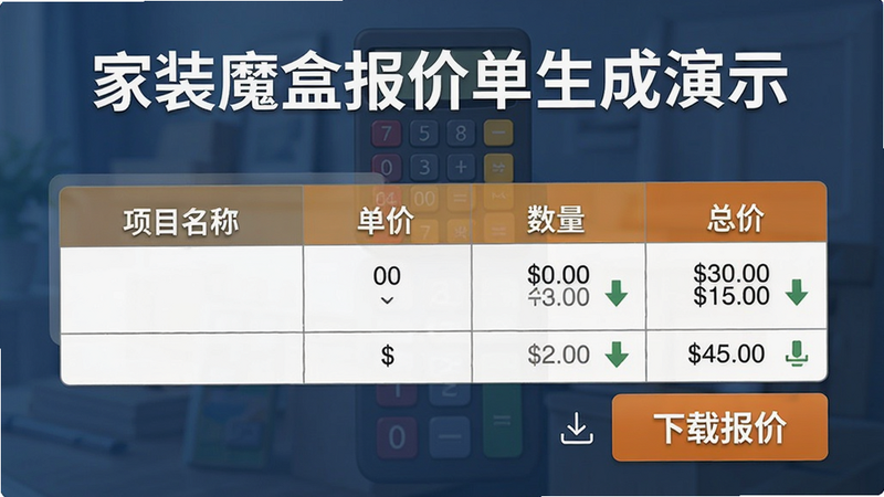 家装魔盒报价单生成演示,展示一个装修预算表格,包含项目名称、单价、数量、总价,背景有计算器图标和“下载报价”按钮,表格字体清晰,颜色搭配专业。