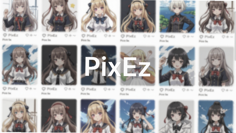 画面主体为PixEz应用界面截图,背景虚化显示Pixiv插画瀑布流,软件名称PixEz置于屏幕中央,周围环绕各种二次元插画缩略图,整体色调明亮柔和,适配Boogu模型生成。