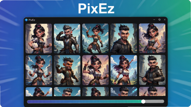 PixEz软件快照展示,主界面显示高速加载中的插画网格,每张图片清晰锐利,界面下方有进度条快速填满,背景为渐变色,强调速度感,软件名称PixEz出现在顶部。