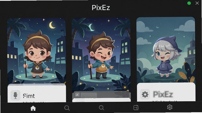 PixEz夜间模式界面截图,背景深灰色,插画卡片清晰,无任何广告banner,底部导航栏简洁,软件名称PixEz以白色字体显示在顶部。