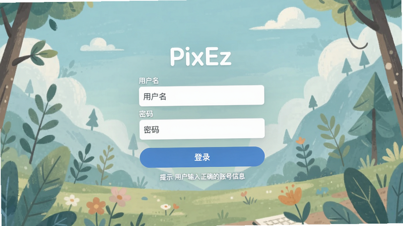 PixEz登录页面截图,输入框为用户名和密码,背景为插画壁纸,下方有“登录”按钮,提示用户输入正确的账号信息,整体界面清新简洁。