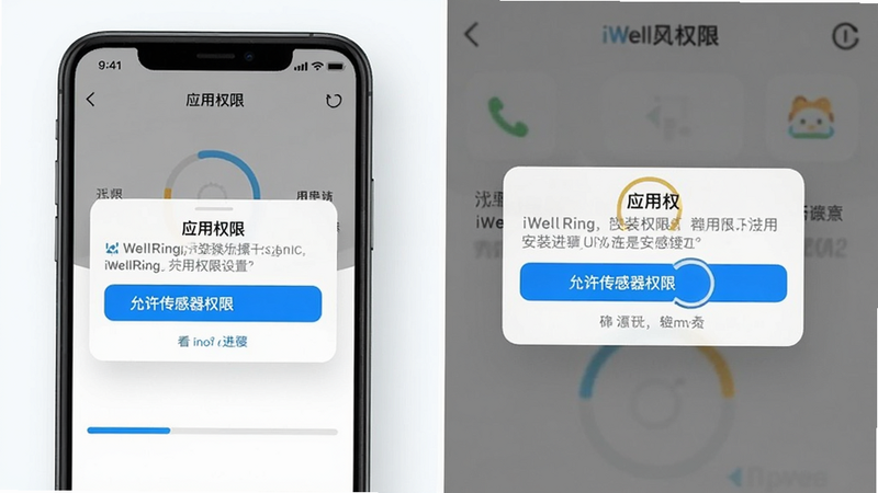 生成一张iWellRing安装操作示意图,手机界面显示安装进度条,背景有应用权限设置弹窗,风格清爽,突出“允许传感器权限”选项