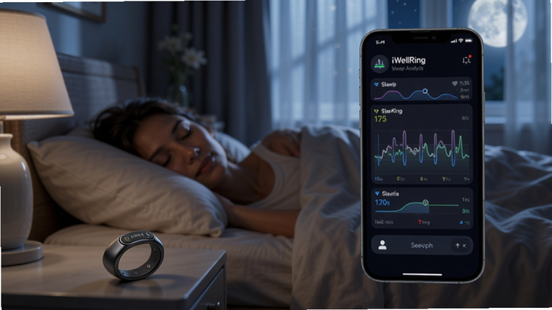 生成一张iWellRing睡眠分析界面预览图,手机显示睡眠周期图,背景是静谧的卧室,月光透过窗帘,床上有人安睡,智能戒指放在床头柜,整体氛围宁静