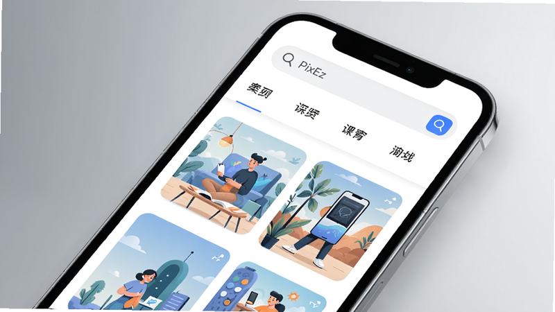 一个现代简约风格的智能手机屏幕特写,屏幕上显示PixEz应用界面,主色调为白色和蓝色,顶部有搜索框和分类标签,中部展示瀑布流插画缩略图,背景为柔和渐变灰,画面清晰明亮,整体突出PixEz的浏览体验与流畅设计