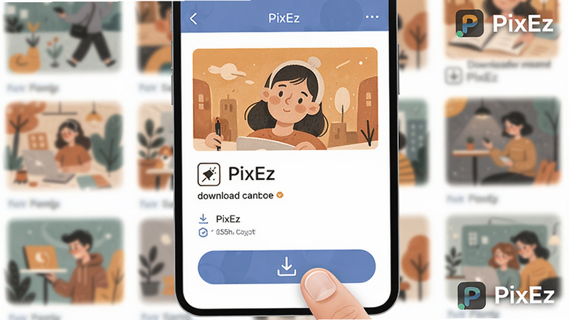 展示PixEz应用内的图片详情页,底部有下载按钮图标,手指正在点击,背景为插画缩略图模糊效果,色调温暖,突出下载功能的便捷性,带有PixEz水印标识
