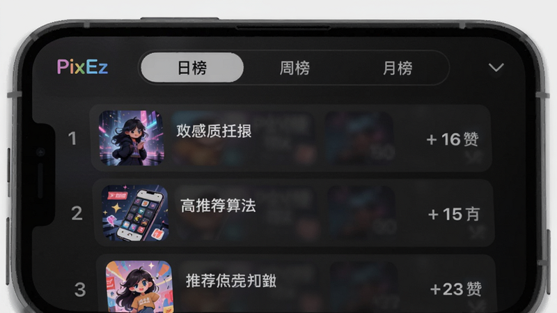 手机界面展示PixEz的排行榜页面,顶部有日榜、周榜、月榜切换标签,下方展示排名列表,每个条目包含缩略图、标题和点赞数,背景为深色磨砂质感,突出数据排名与推荐算法