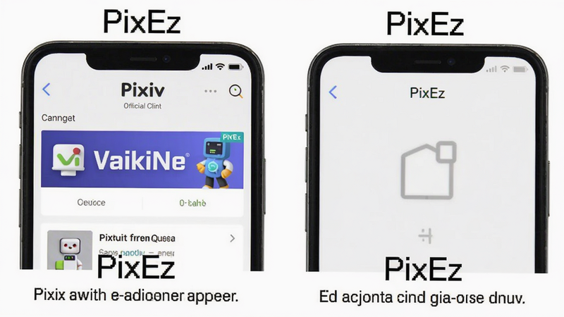 两部手机并排展示,左边是Pixiv官方客户端界面带广告横幅,右边是PixEz简洁无广告界面,下方有对比文字说明,背景为白色,突出差异,软件名称PixEz和Pixiv显示清晰