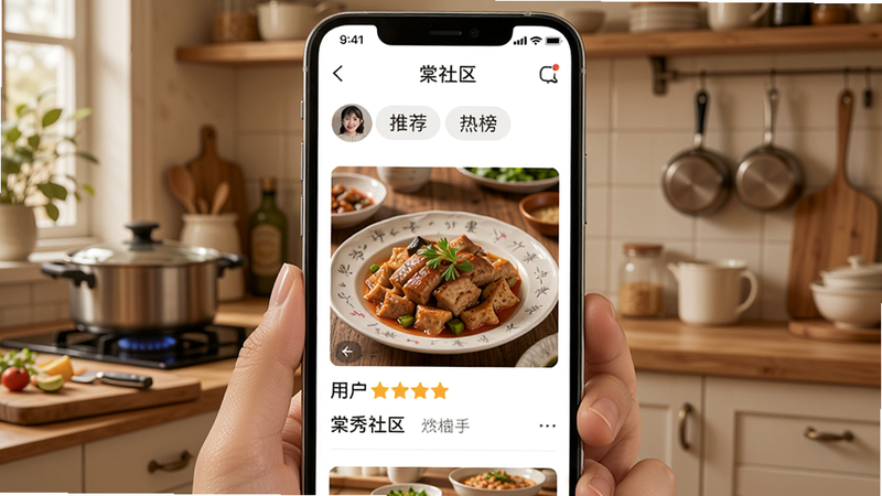 棠秀社区界面预览,手机屏幕上显示用户分享的美食图片和评价,有“推荐”“热榜”标签,背景为温馨的厨房场景,展现真实用户的互动氛围。