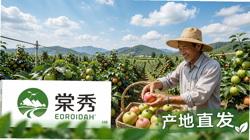 棠秀原产地直供场景,画面为农田或果园中农民正在采摘新鲜水果,旁边有棠秀品牌标识和“产地直发”字样,背景是蓝天白云和远山,表现新鲜、绿色的供应链。
