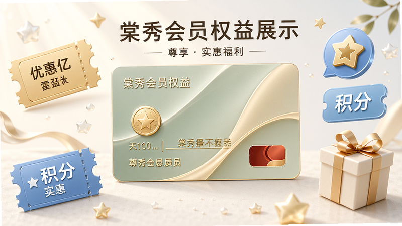 棠秀会员权益展示图,画面中央是会员卡样式的设计,周围环绕优惠券、积分图标和礼物盒,背景淡雅,突出尊享、实惠的会员福利。