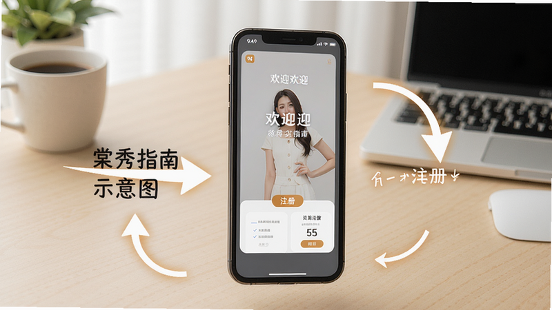 棠秀使用指南示意图,手机屏幕上显示app欢迎页和注册步骤,旁边有箭头指示,背景为简洁的桌面,突出易上手的操作教程。