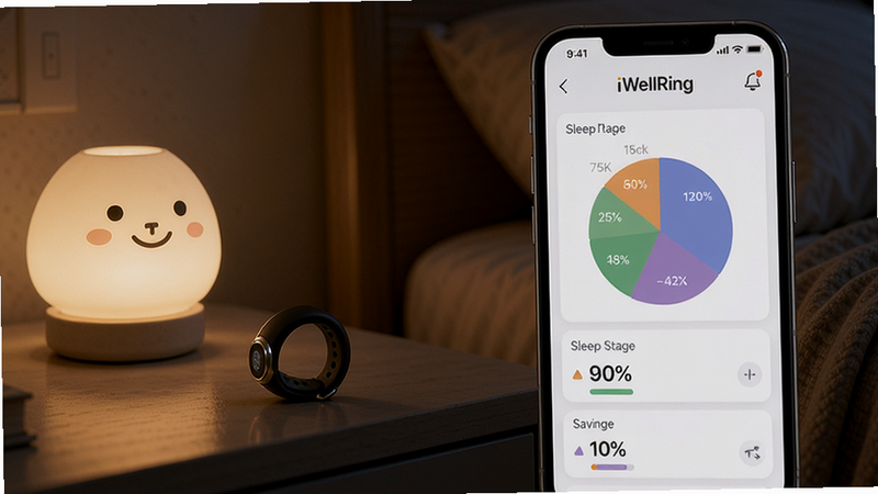 iWellRing睡眠分析界面,手机屏幕展示睡眠阶段饼图和评分,背景为卧室暗光环境,智能戒指放在床头柜,柔和夜灯氛围