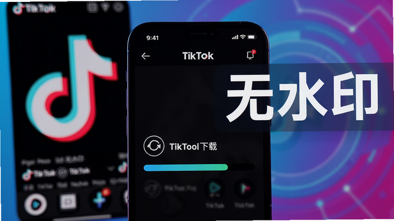 展示TikTool下载界面,手机屏幕上显示粘贴链接后的解析过程,进度条正在加载,背景是模糊的TikTok视频封面,突出“无水印”字样,画面科技感强,色彩鲜艳。