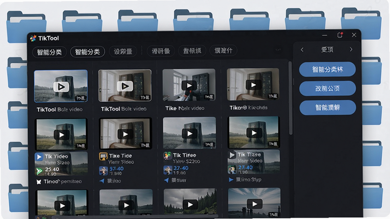 展示TikTool批量管理界面,多个视频文件以列表形式排列,上方有分类标签,右侧有批量操作按钮,背景是整齐的文件夹图标,突出智能分类特性,画面干净清爽。