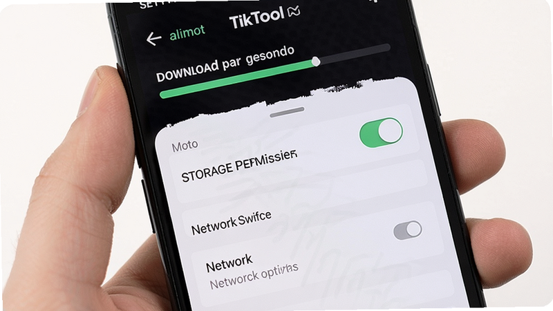 展示手机屏幕上TikTool运行时的设置界面,突出显示存储权限开关和网络切换选项,背景有下载进度条,整体画面清晰直观。