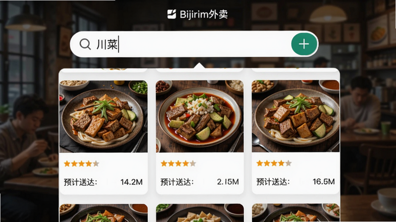 展示Bijirim外卖的智能推荐页面,顶部搜索栏输入“川菜”,下方出现多个餐厅卡片,每张卡片带有菜品图片、评分和预计送达时间,背景虚化,突出筛选功能和个性化推荐。图片清晰包含“Bijirim外卖”界面元素。