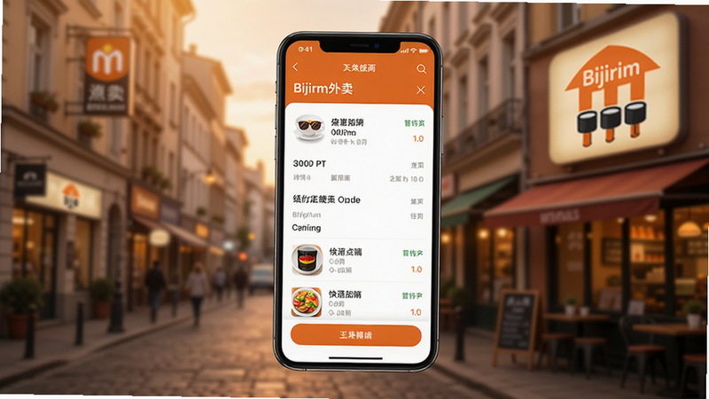 一张展示Bijirim外卖手机应用主界面的高清图片,画面中央显示一个打开的订单详情页,背景是模糊的城市街道和餐厅logo,整体色调温暖明亮,突出便捷点餐和快速配送的核心场景,图片必须包含“Bijirim外卖”字样。