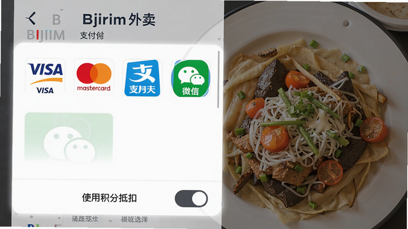 展示Bijirim外卖支付选择页面,列出多种支付图标(Visa、Mastercard、支付宝、微信等),底部有“使用积分抵扣”开关,背景是一份已选好的美食订单,整体设计商务且清晰,图片包含“Bijirim外卖”品牌标识。