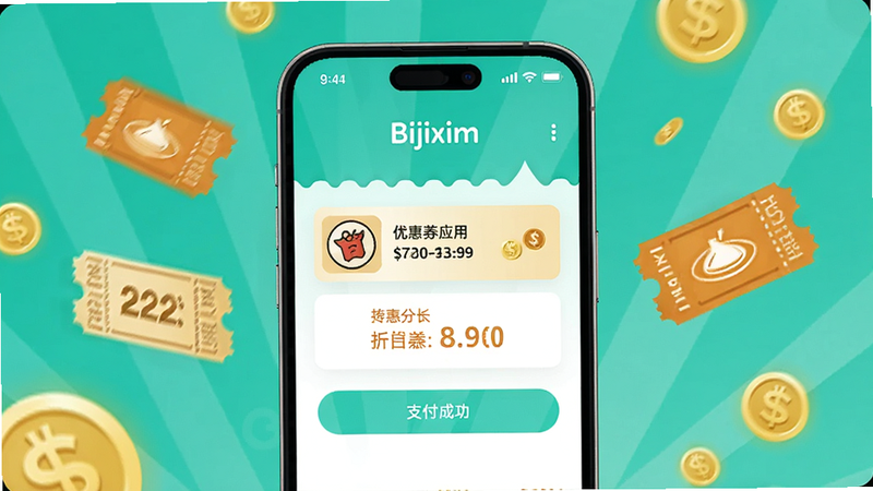 手机支付成功界面,显示Bijirim外卖的优惠券应用和折扣金额,背景有飘落的金币和餐券元素,整体设计简洁喜庆。