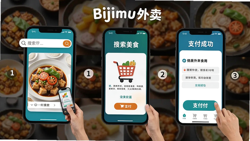 一张动态Gif风格图片,展示用户从搜索美食到支付成功的完整流程,画面分步骤示意,包含搜索框、购物车、支付按钮等元素,背景是美食图片,整体风格活泼,图片包含“Bijirim外卖”文字。