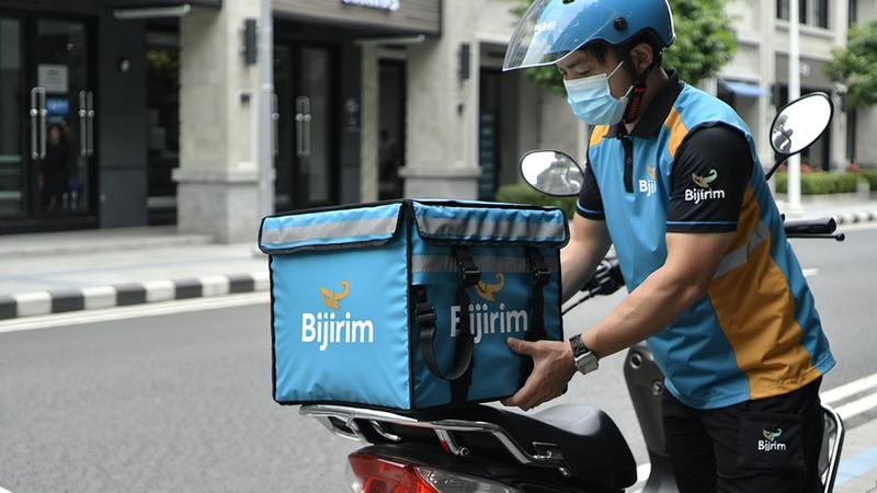 一张展示Bijirim外卖骑手正在将餐箱放入电动车后座的场景,骑手穿着统一制服、佩戴口罩,餐箱上印有Bijirim外卖logo,背景是干净整洁的街道,整体突出卫生与专业。