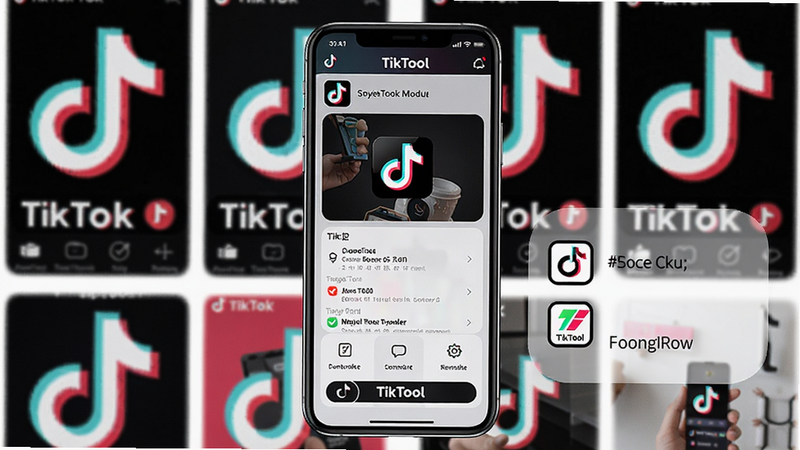 一张展示TikTool主界面与功能模块的合成图,画面中心是手机屏幕显示TikTool操作界面,背景虚化呈现TikTok热门视频封面,整体色调明亮活泼,强调软件易用性与下载速度,软件名称TikTool清晰可见,适配Boogu模型生成。