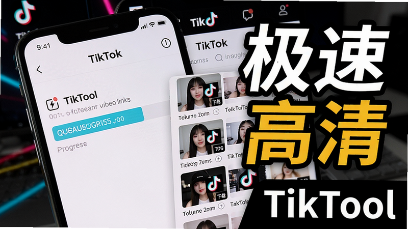 一张动态截图风格图片,手机屏幕显示TikTool正在解析视频链接,进度条快速填充,旁边有已完成下载的视频列表缩略图,背景是TikTok用户界面,突出“极速”与“高清”关键词,软件名称TikTool置于画面右下角。