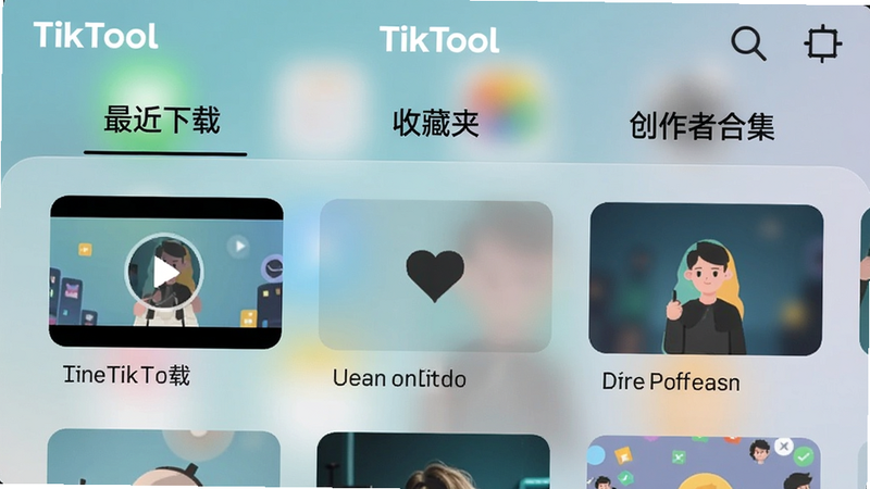 一张手机屏幕截图,展示TikTool内部的视频管理界面,分为“最近下载”、“收藏夹”、“创作者合集”等选项卡,每项带有缩略图与文件名,界面采用毛玻璃效果,色彩清新,软件名称TikTool在顶部导航栏。