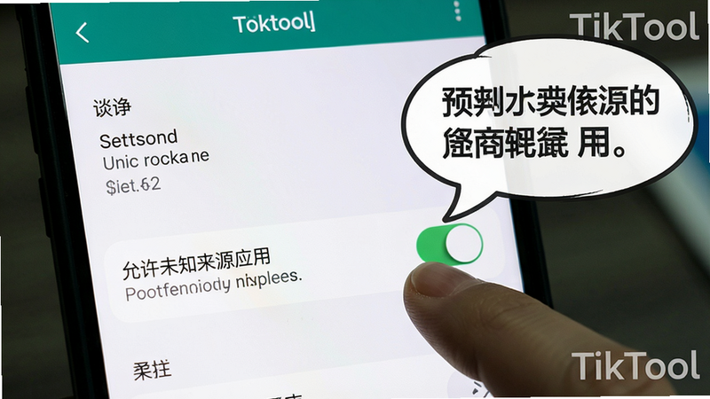 一张手机操作截图,手指正在点击“允许未知来源应用”的开关,背景是设置菜单,配合文字气泡说明,整体风格为教学指南,软件名称TikTool以水印形式出现。