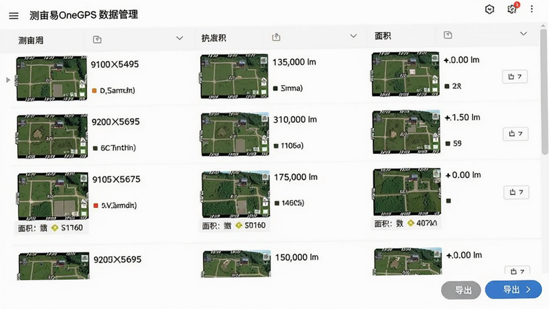 测亩易OneGPS数据管理页面,列表显示多条测量记录,每条记录有缩略地图及面积数值,底部有导出按钮选项,界面清爽白色背景。