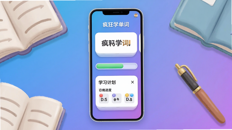 疯狂学单词 App 主界面截图,展示单词卡片、进度条、学习计划,背景为简约渐变蓝紫色,手机屏幕居中,四周有书本和笔的装饰,Boogu 风格