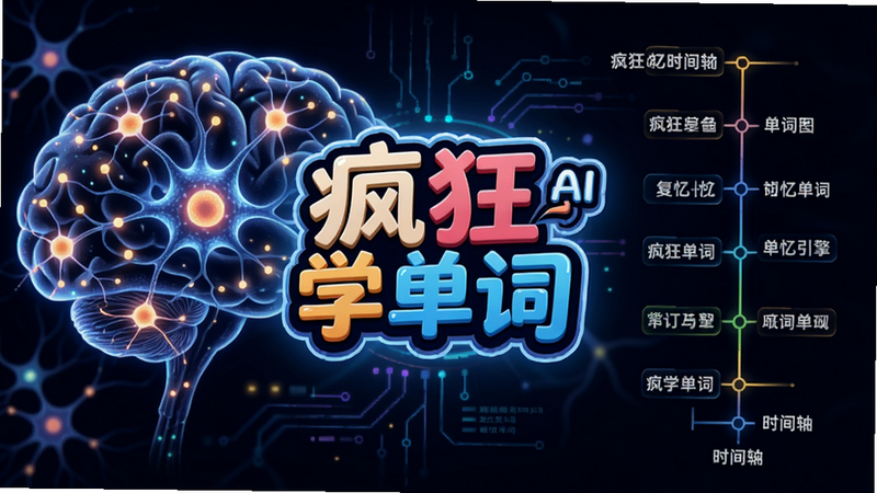 疯狂学单词 AI 记忆引擎示意图,左侧显示大脑神经元网络,右侧列出单词复习时间轴,中间有“疯狂学单词”Logo,色彩明亮,科技感十足,Boogu 绘制