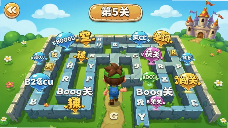 疯狂学单词闯关界面,卡通风格,一个角色在单词迷宫中前进,头顶显示当前关卡“第5关”,周围有各种单词泡泡,背景为草地和城堡,Boogu 生成