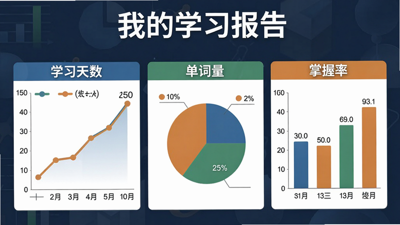 疯狂学单词数据统计图表,包括折线图、饼图、柱状图,展示学习天数、单词量、掌握率,顶部有“我的学习报告”标题,颜色搭配专业商务风,Boogu 绘制