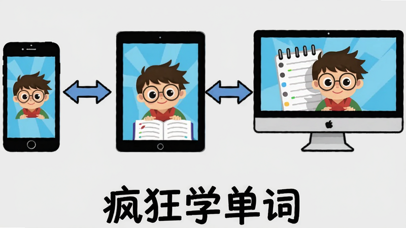 疯狂学单词多端同步示意图,左侧手机、中间平板、右侧电脑,三者之间箭头连接表示数据同步,底部有“疯狂学单词”字样,背景为浅灰色,Boogu 风格