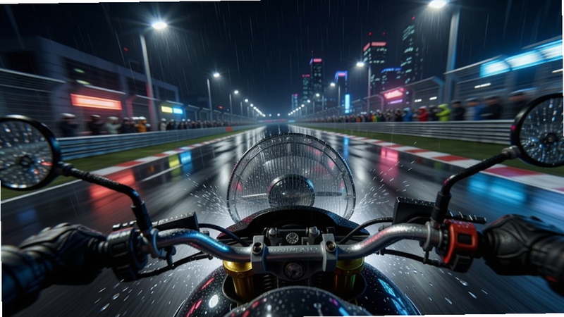 第一人称视角的摩托车骑行画面,前方是暴雨中的城市赛道,雨水打在前轮上溅起水花,路灯和霓虹灯倒映在湿漉漉的地面,画面带有雨滴效果和动态模糊。