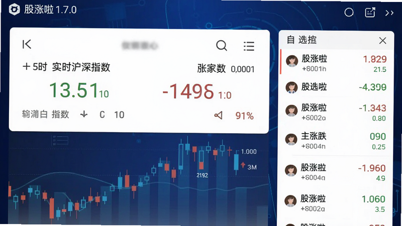股涨啦手机炒股软件主界面,画面中央显示实时沪深指数与涨跌家数统计,右侧自选股列表滚动更新,背景采用深蓝渐变科技风,屏幕上方标注“股涨啦 1.7.0”版本标识,整体布局简洁清晰,适配手机竖屏