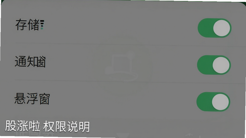 股涨啦手机权限设置界面示意图,画面显示安卓系统权限管理页面,列出“存储”“通知”“悬浮窗”三个开关,其中“悬浮窗”和“通知”为开启状态(绿色),背景为手机系统设置半透明遮罩,左下角有“股涨啦 权限说明”文字提示