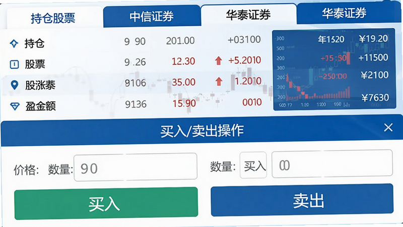 股涨啦交易界面模拟图,画面分为上下两部分,上部显示持仓股票列表及盈亏金额,下部为买入/卖出操作面板,包含价格、数量输入框和“买入”“卖出”按钮,背景显示券商名称(如中信证券、华泰证券)切换标签,整体风格为白底蓝字金融风