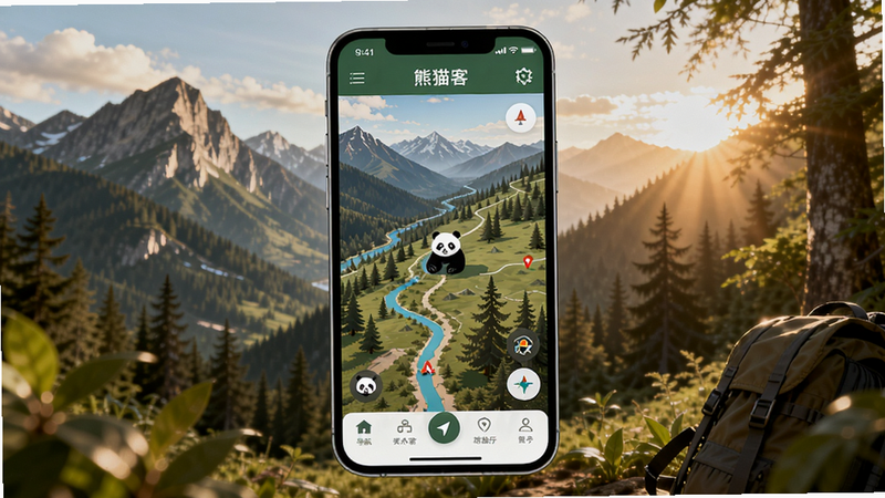 熊猫客是一款户外旅行记录与导航应用,画面中央是一部手机屏幕展示熊猫客App的实时地图界面,背景是壮丽的山脉与森林,阳光透过树叶洒下,色调温暖自然,整体风格清新明亮,突出户外探险与科技结合的氛围。